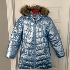 Lands' End Shiny Blue Puffer Jacket with Faux Fur Hood